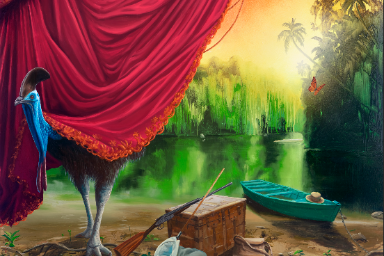 Alexis Rockman (American, b. 1962), Departure, from “Wallace’s Line” series, 2018, oil on Dibond, 44 x 56 inches. Collection of Barbara and Jonathan Lee, courtesy American Federation of Arts